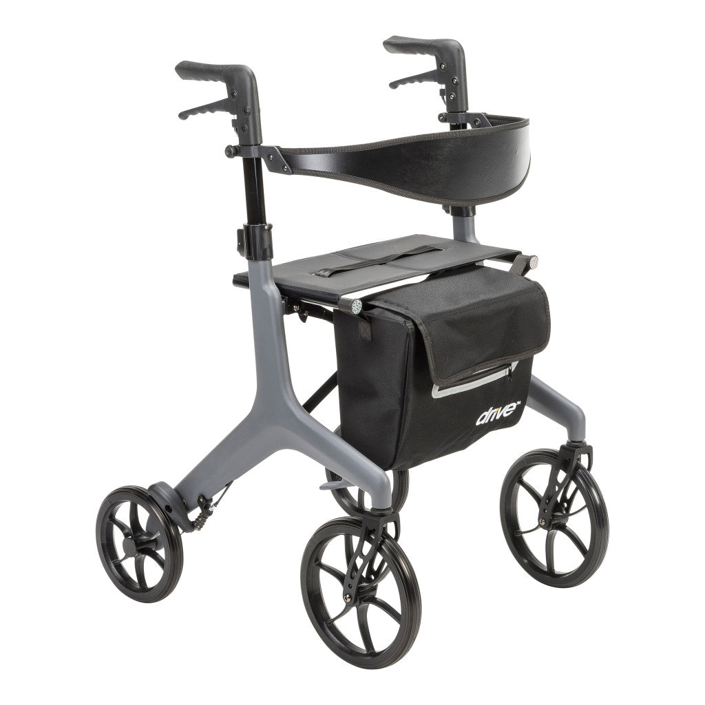 AeroCarbon Ultra-Lite Rollator in gray. It is an ultra-lightweight, carbon fiber 4-wheel walker weighing only 11.5 lbs.