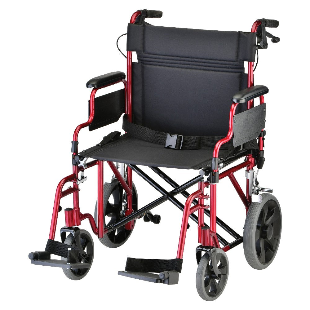 Nova Heavy Duty Transport Chair with 12" Wheels, Hand Brakes, Removable Arms - 22" Extra Wide with Swing Away in Red