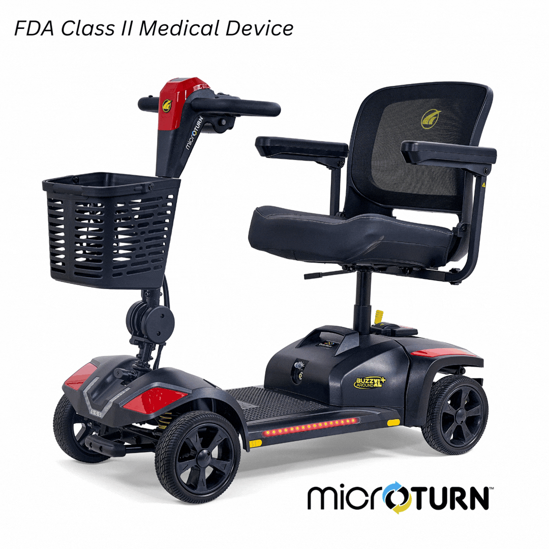 Golden Technologies Buzzaround XL+ 4-Wheel portable mobility scooter in black and red with front basket, padded swivel seat, adjustable armrests, delta tiller, and four-wheel design on a white background.
