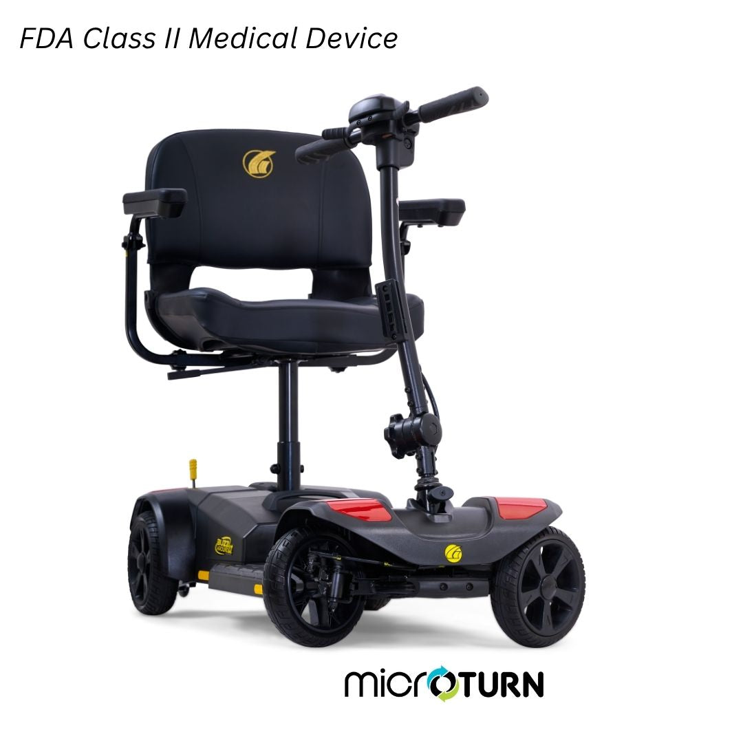 Golden Technologies Buzzaround LT 4-Wheel portable mobility scooter, black, featuring a padded swivel seat, adjustable armrests, delta steering tiller, and compact four-wheel design.