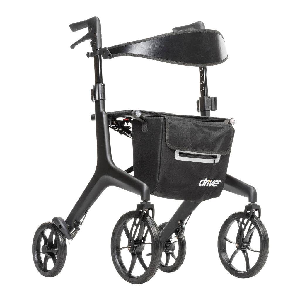  AeroCarbon Ultra-Lite Rollator in black. It is an ultra-lightweight, carbon fiber 4-wheel walker weighing only 11.5 lbs.
