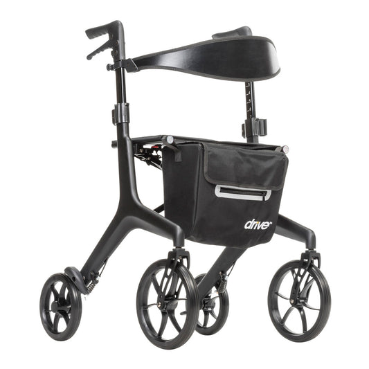  AeroCarbon Ultra-Lite Rollator in black. It is an ultra-lightweight, carbon fiber 4-wheel walker weighing only 11.5 lbs.