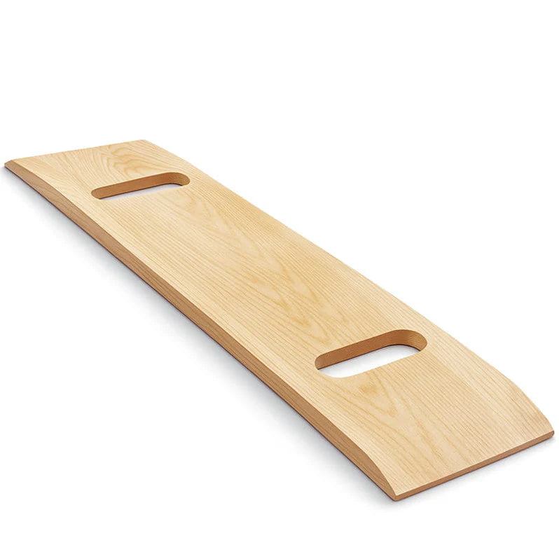 Vive Health wooden transfer board with integrated hand grips and smooth beveled edges for safe wheelchair, bed, and chair transfers.