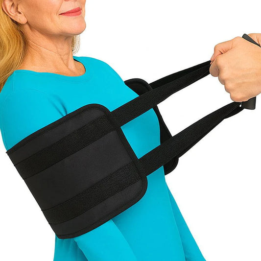 Transfer sling with adjustable shoulder straps and padded arm support in black for safe patient transfers and caregiver assistance.
