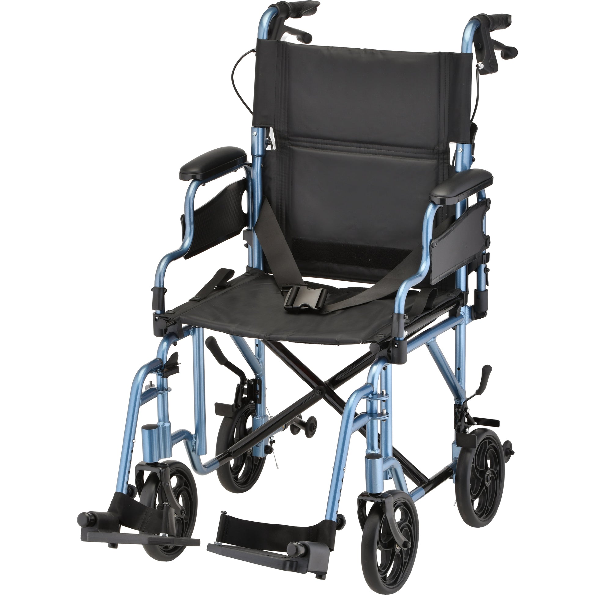 Nova Lightweight Transport Chair with Locking Hand Brakes, Flip Up Arms and Anti-Tippers in Blue