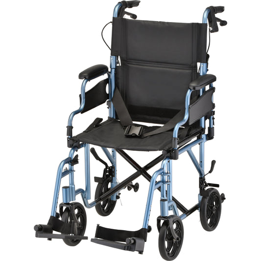 Nova Lightweight Transport Chair with Locking Hand Brakes, Flip Up Arms and Anti-Tippers in Blue