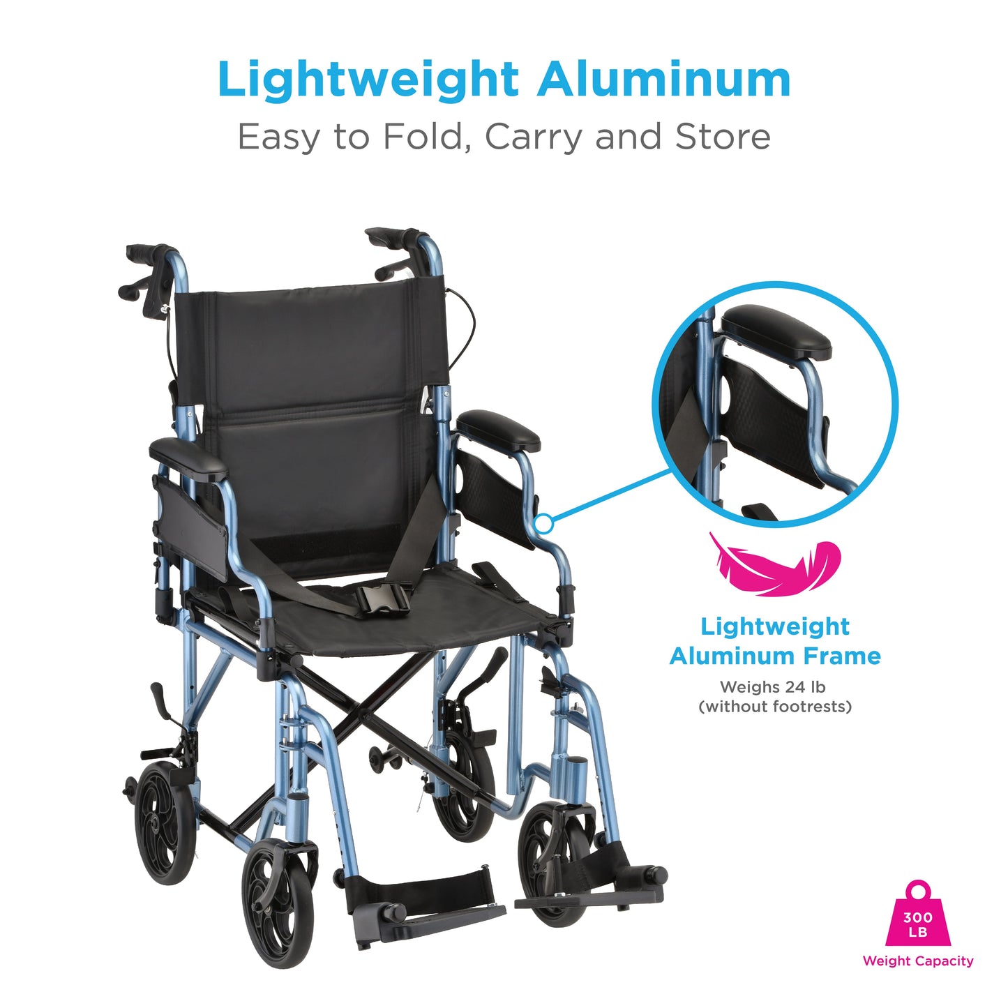 Lightweight Transport Chair with Locking Hand Brakes, Flip Up Arms and Anti-Tippers