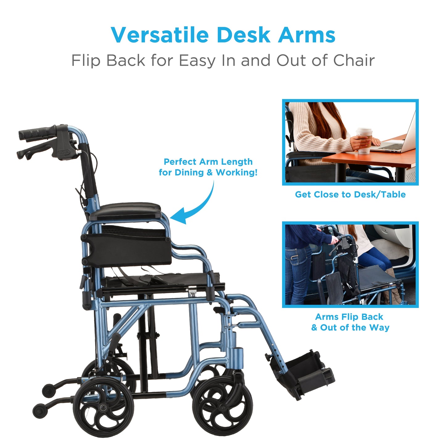 Lightweight Transport Chair with Locking Hand Brakes, Flip Up Arms and Anti-Tippers