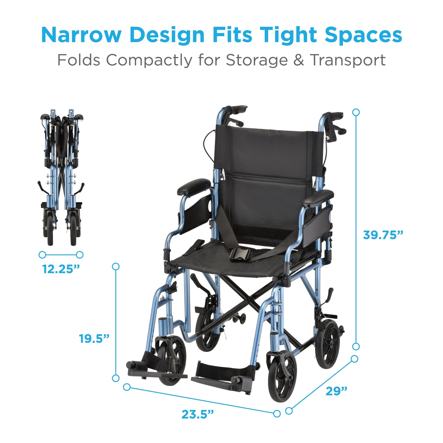 Lightweight Transport Chair with Locking Hand Brakes, Flip Up Arms and Anti-Tippers