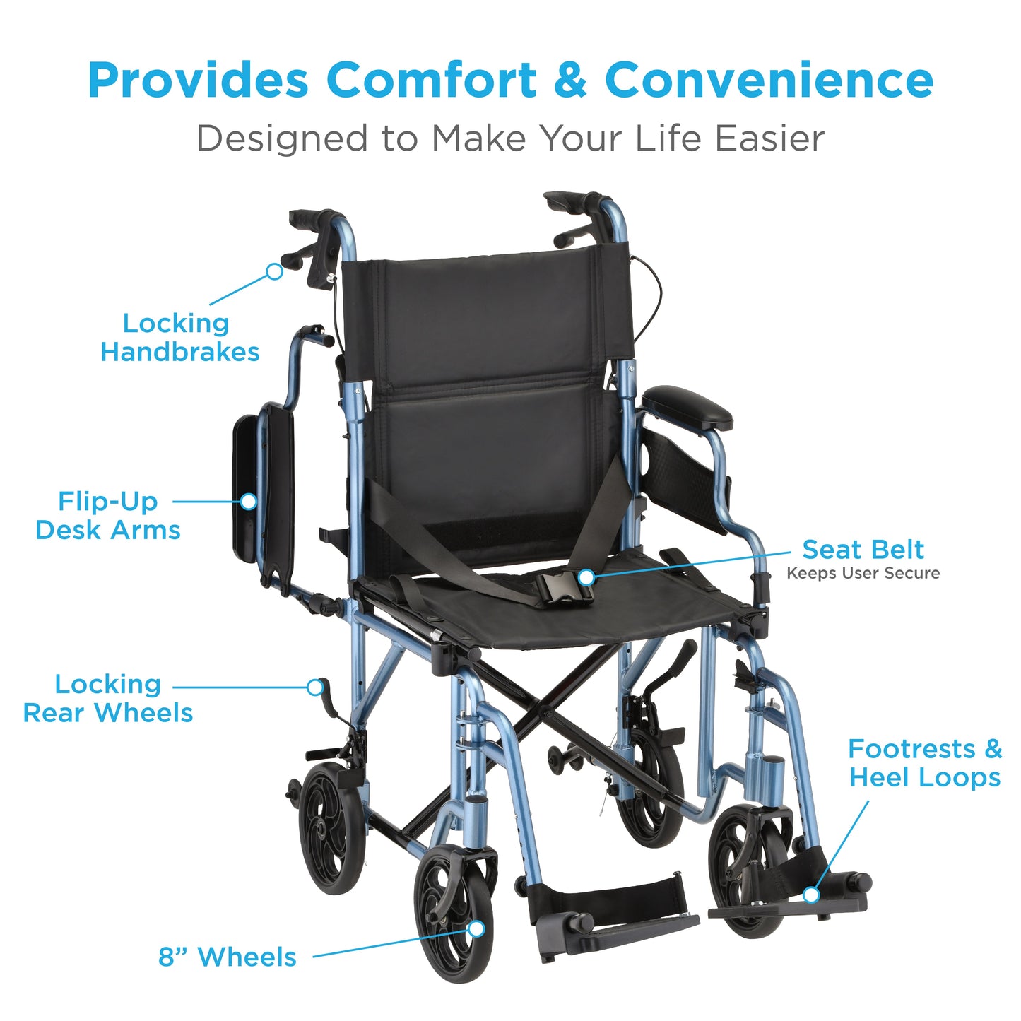 Lightweight Transport Chair with Locking Hand Brakes, Flip Up Arms and Anti-Tippers