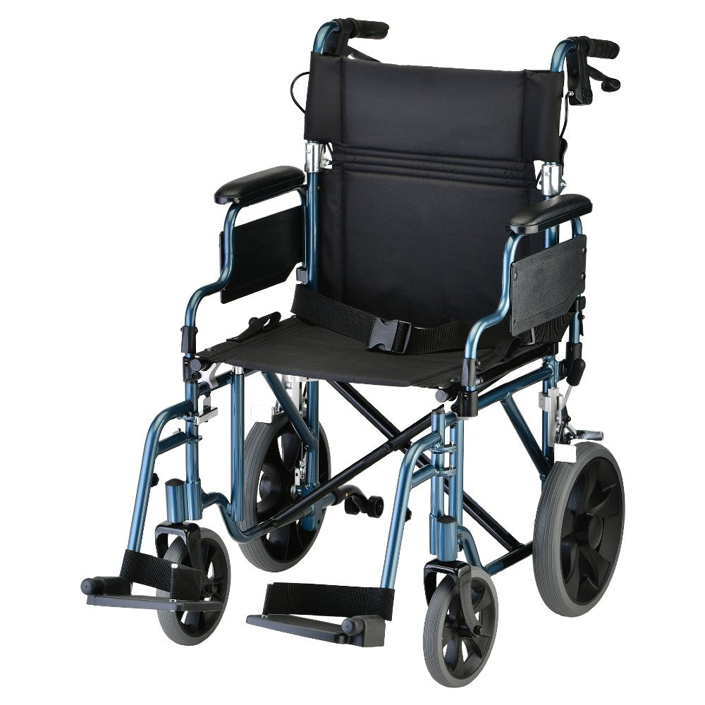 Lightweight Transport Chair with 12" Rear Wheels, Locking Hand Brakes, Flip Up Desk Arms