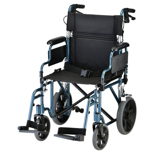 Lightweight Transport Chair with 12" Rear Wheels, Locking Hand Brakes, Flip Up Desk Arms