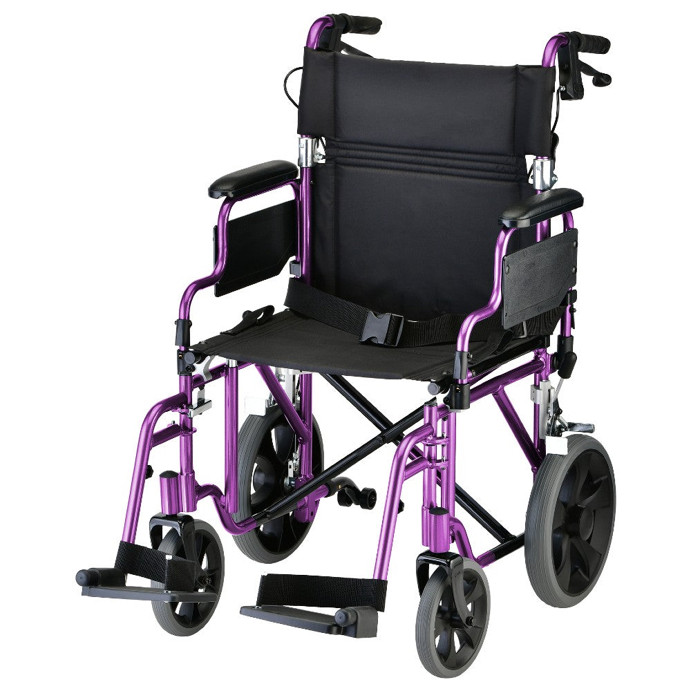 Nova Lightweight Transport Chair with 12" Rear Wheels, Locking Hand Brakes, Flip Up Desk Arms in Purple
