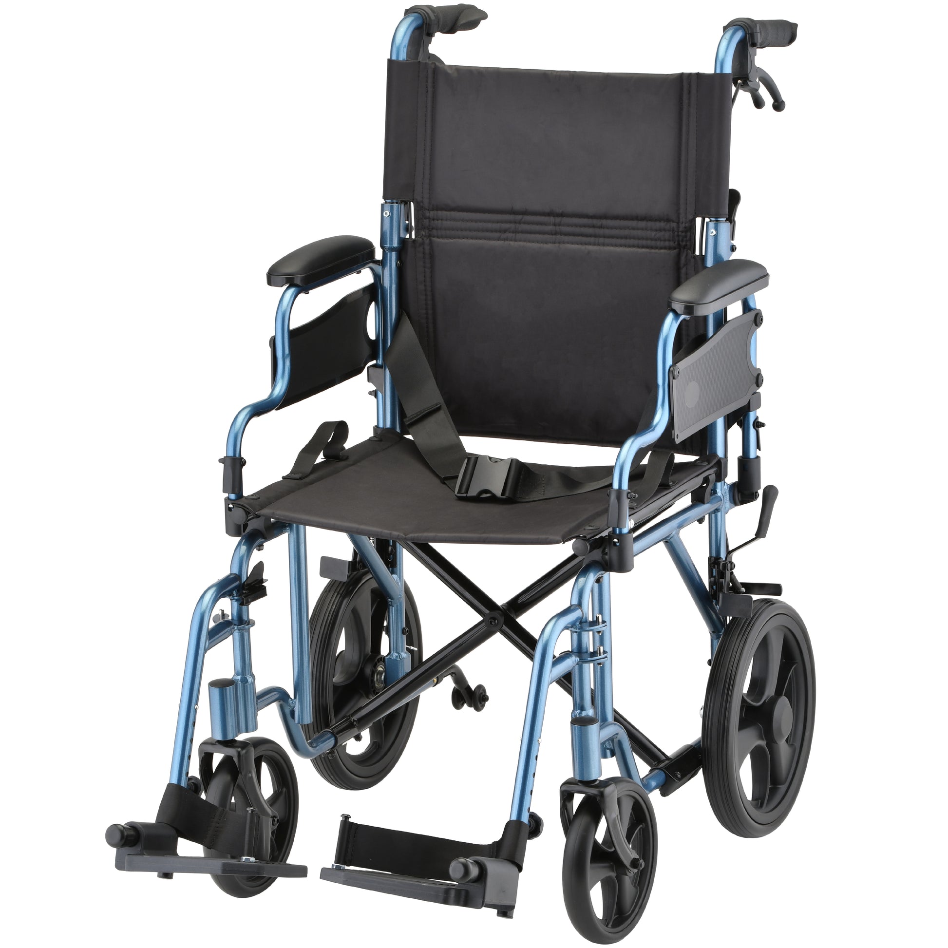 Nova Lightweight Transport Chair with 12" Rear Wheels, Locking Hand Brakes, Flip Up Desk Arms in Blue