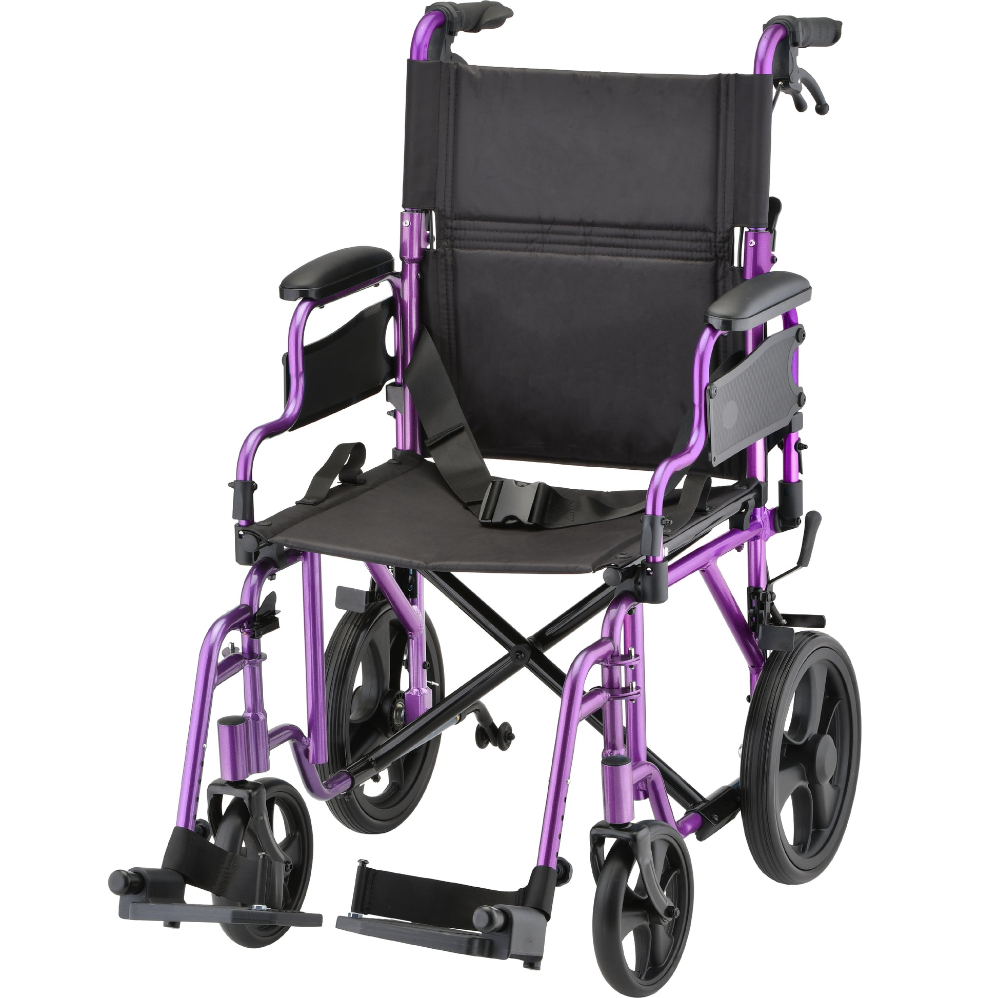 Nova Lightweight Transport Chair with 12" Rear Wheels, Locking Hand Brakes, Flip Up Desk Arms in Purple