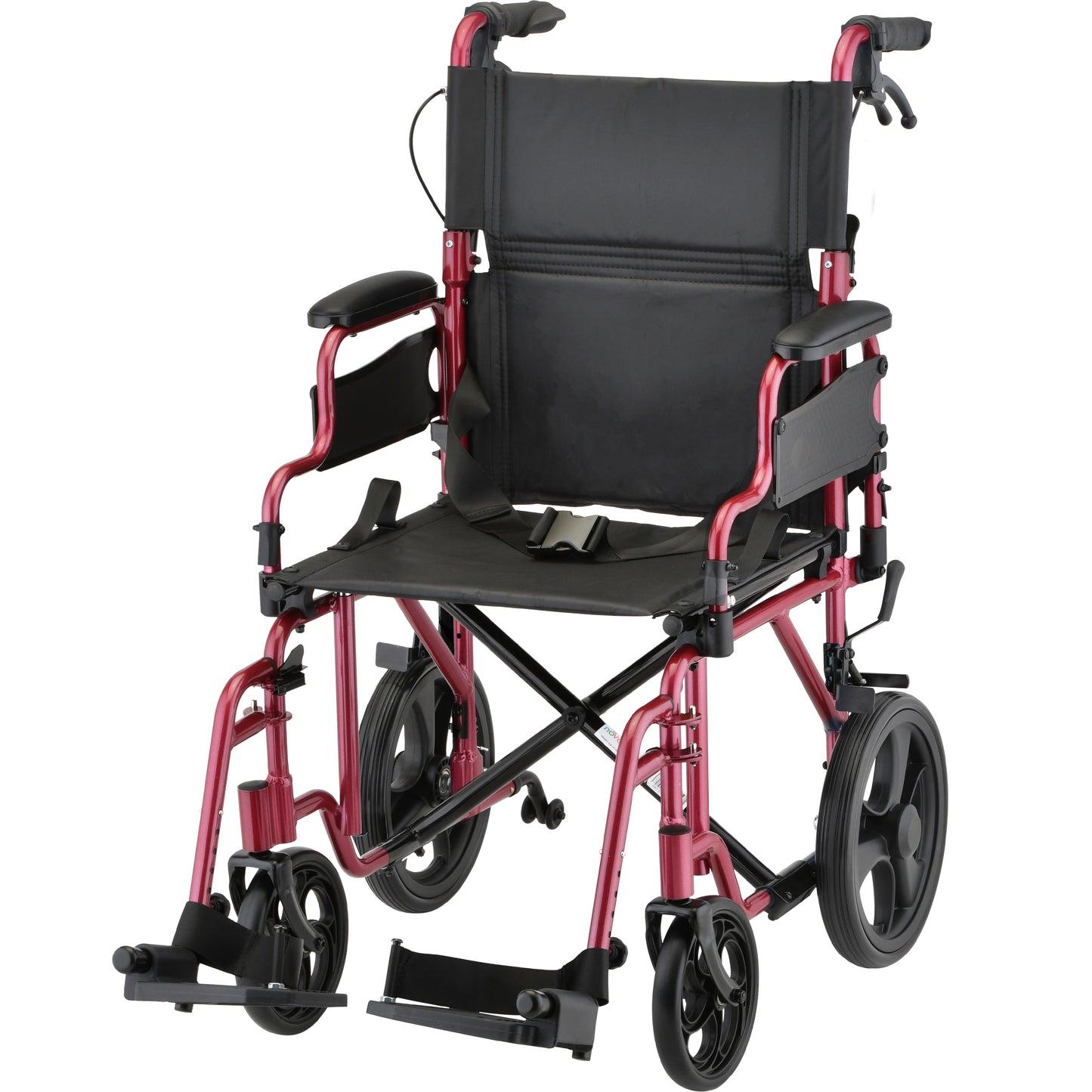 Nova Lightweight Transport Chair with 12" Rear Wheels, Locking Hand Brakes, Flip Up Desk Arms in Red