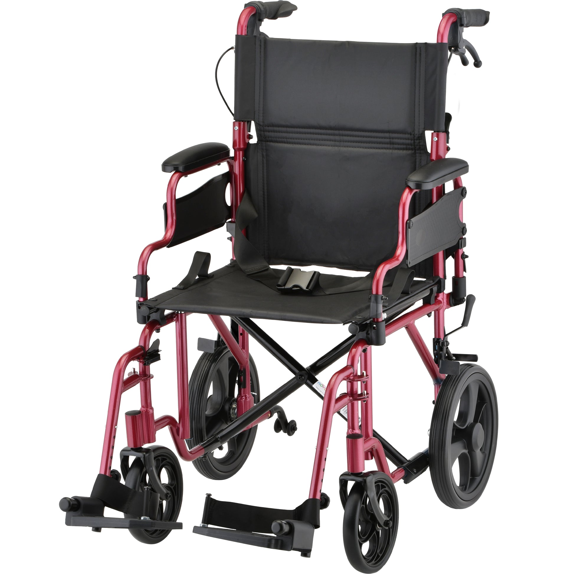 Nova Lightweight Transport Chair with 12" Rear Wheels, Locking Hand Brakes, Flip Up Desk Arms in Red