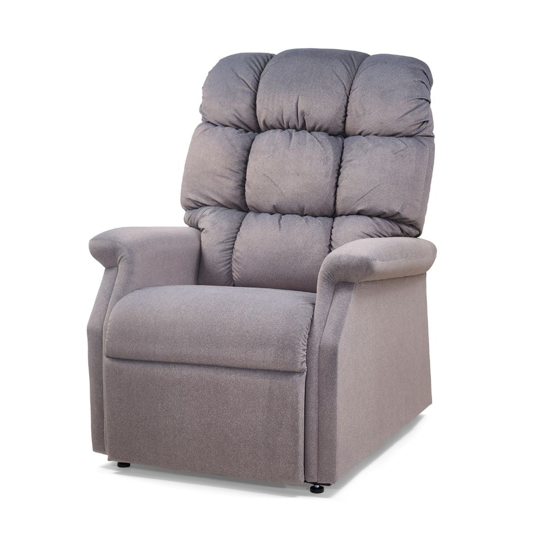 Golden Technologies Cambridge power lift recliner chair in dark brown fabric with plush padded backrest, cushioned armrests, supportive seat, and Comfort Zone 1 remote control on a white background.
