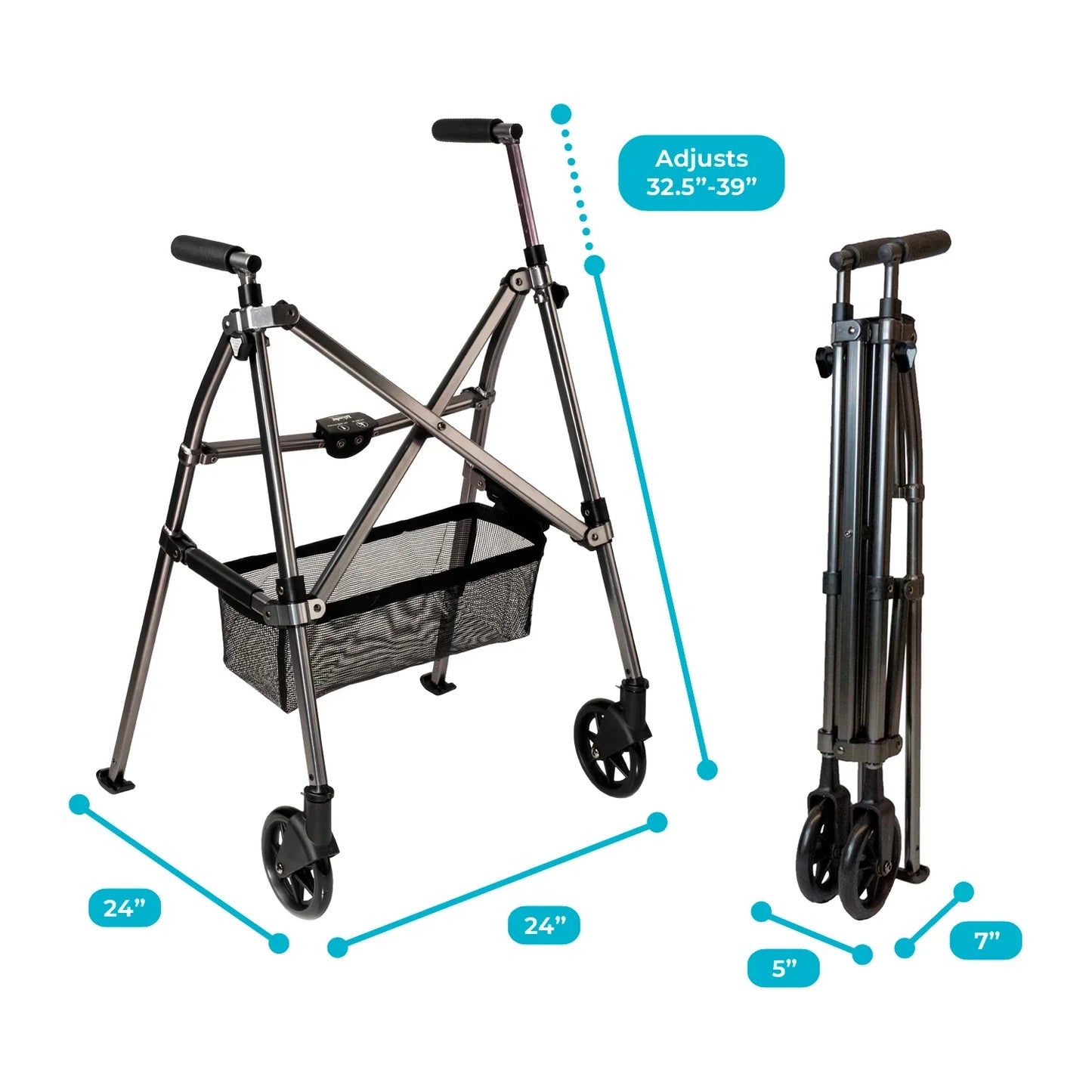 Foldable walker with adjustable height and wheels on a white background