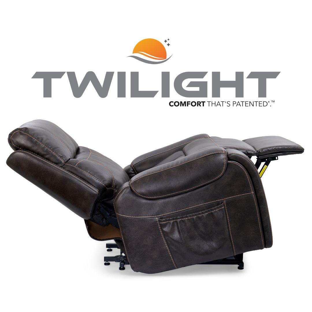 Golden Technologies Cloud+ Luxe with Twilight power lift recliner chair in brown fabric with plush padded backrest, overstuffed seat, cushioned armrests, and adjustable reading light on a white background.