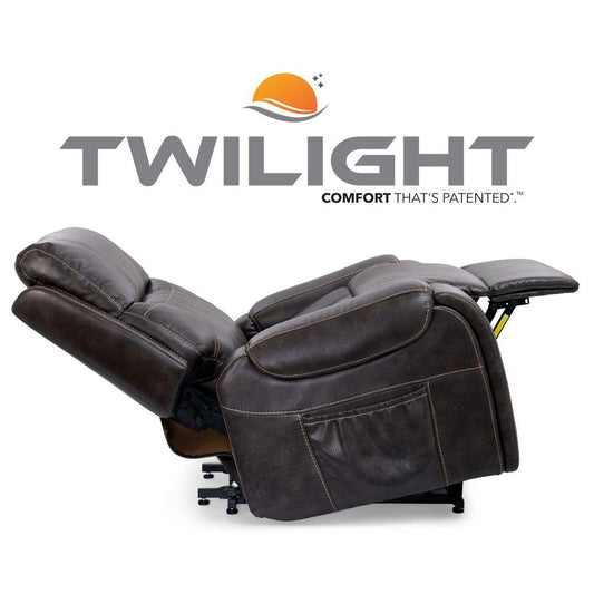 Golden Technologies Cloud+ Luxe with Twilight power lift recliner chair in brown fabric with plush padded backrest, overstuffed seat, cushioned armrests, and adjustable reading light on a white background.