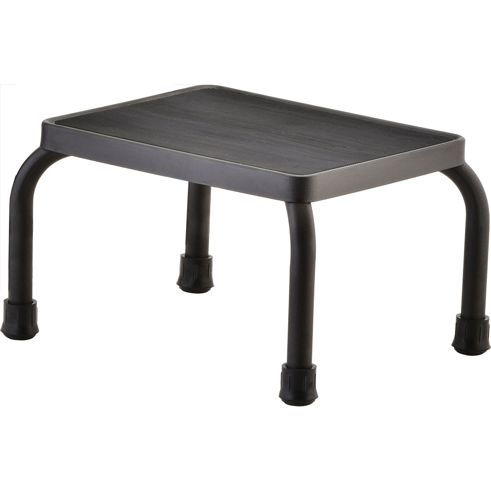 Black step stool with non-slip platform and rubber feet for safe access to beds, baths, vehicles, and high shelves.