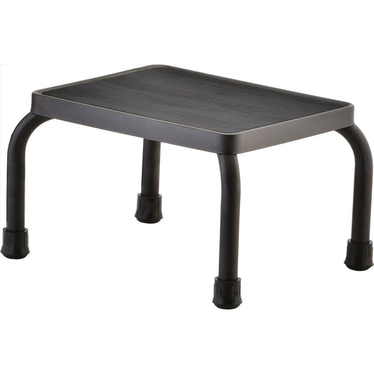 Black step stool with non-slip platform and rubber feet for safe access to beds, baths, vehicles, and high shelves.