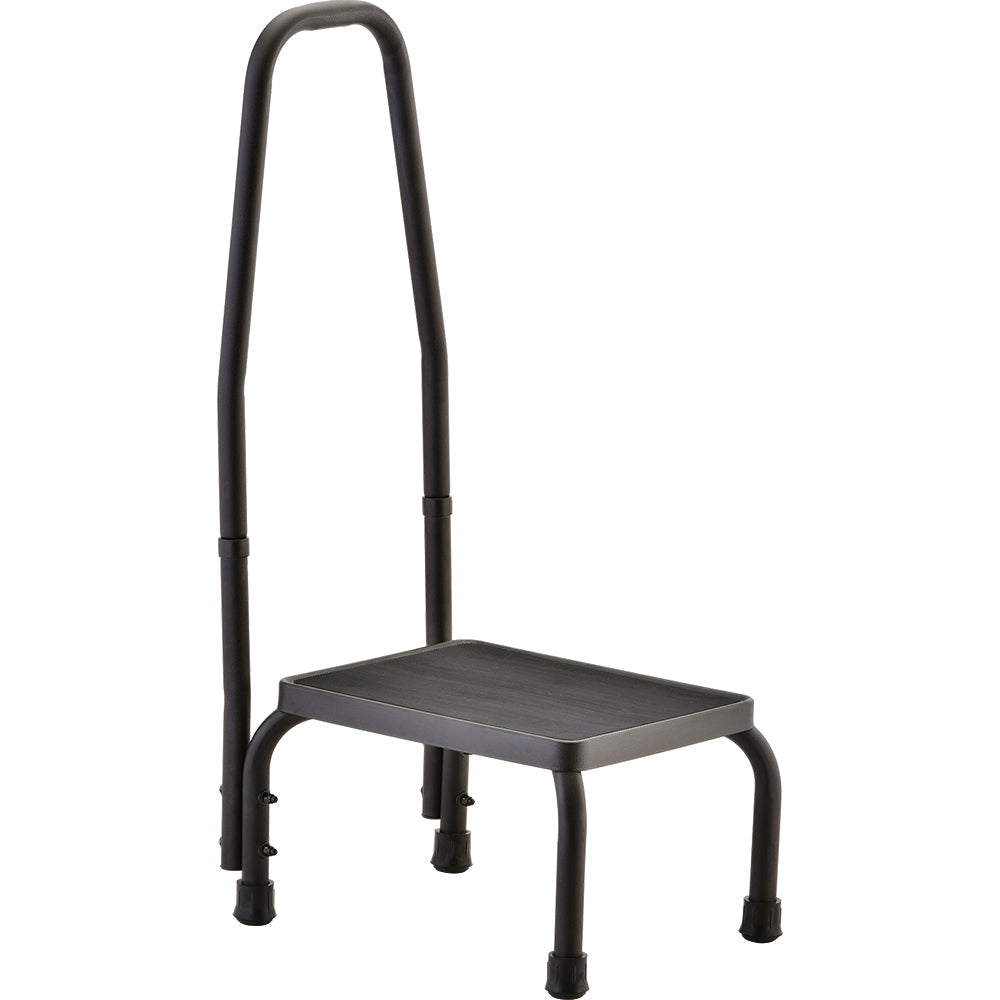 Step stool with removable hand rail, non-slip platform, and rubber feet in black for safe access to beds, baths, and high shelves.