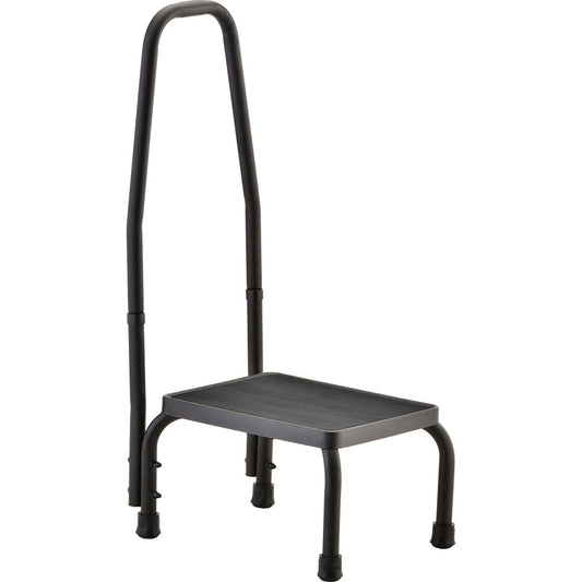 Step stool with removable hand rail, non-slip platform, and rubber feet in black for safe access to beds, baths, and high shelves.