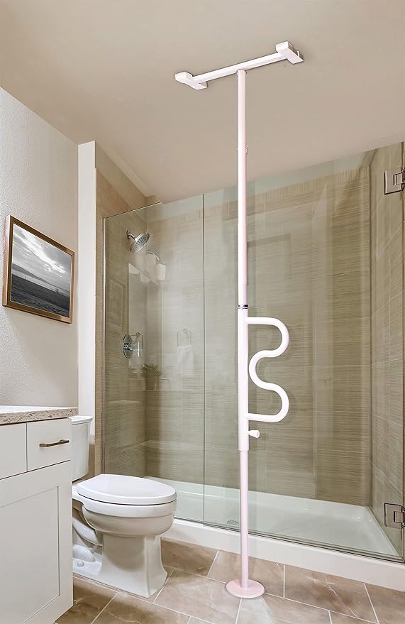Stander Wonder Pole tension-mounted transfer pole with curved grab bar in graphite for safe standing, sitting, and bathroom mobility assistance.