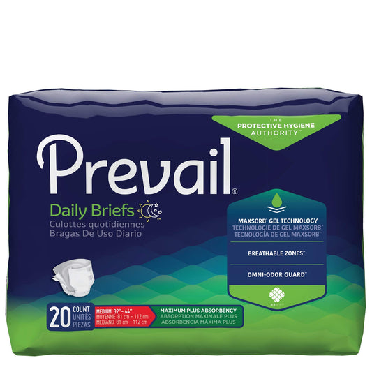Prevail Breezers disposable adult incontinence briefs with tabs, ultimate absorbency, X-large size, and overnight leak protection.