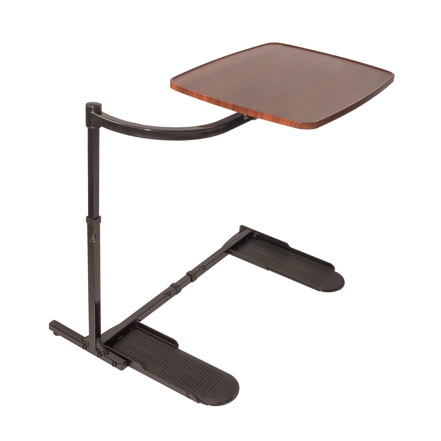 Golden Technologies adjustable TV tray table in brown with a swiveling tabletop, curved support arm, and height-adjustable design for use with recliners, lift chairs, sofas, and armchairs.