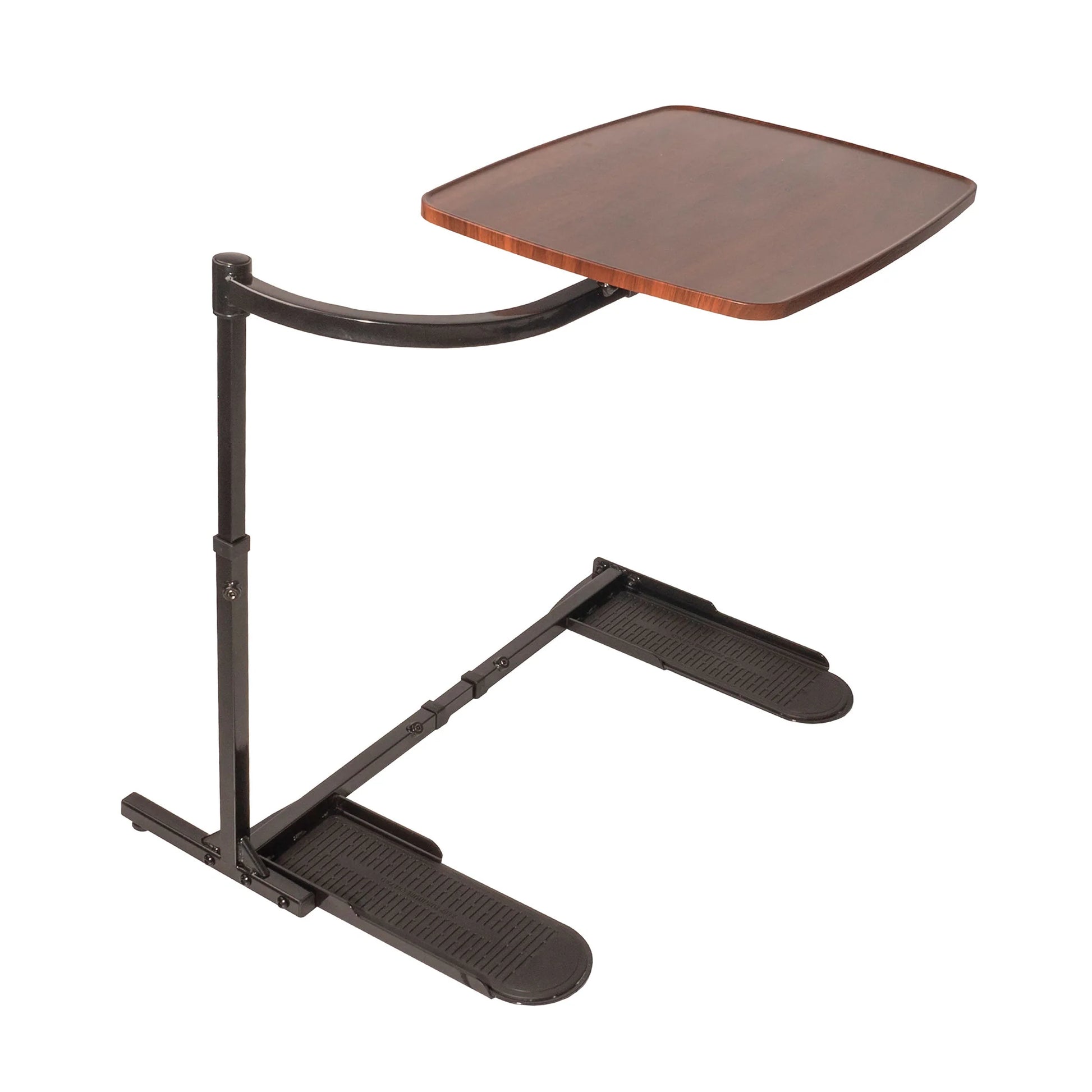 Golden Technologies adjustable TV tray table in brown with a swiveling tabletop, curved support arm, and height-adjustable design for use with recliners, lift chairs, sofas, and armchairs.