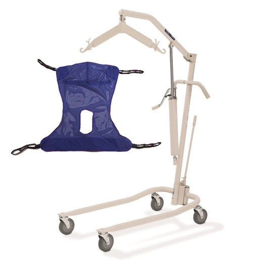 Invacare Reliant divided leg sling with head support for patient lifts in blue polyester with reinforced lifting straps and durable support design.