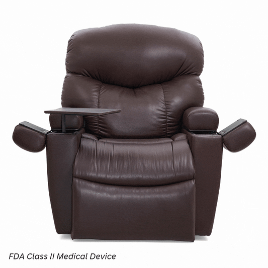 Golden Technologies Cloud Classic power lift recliner chair in blue fabric with plush padded backrest, overstuffed bucket seat, cushioned armrests, and ergonomic high-back design on a white background.