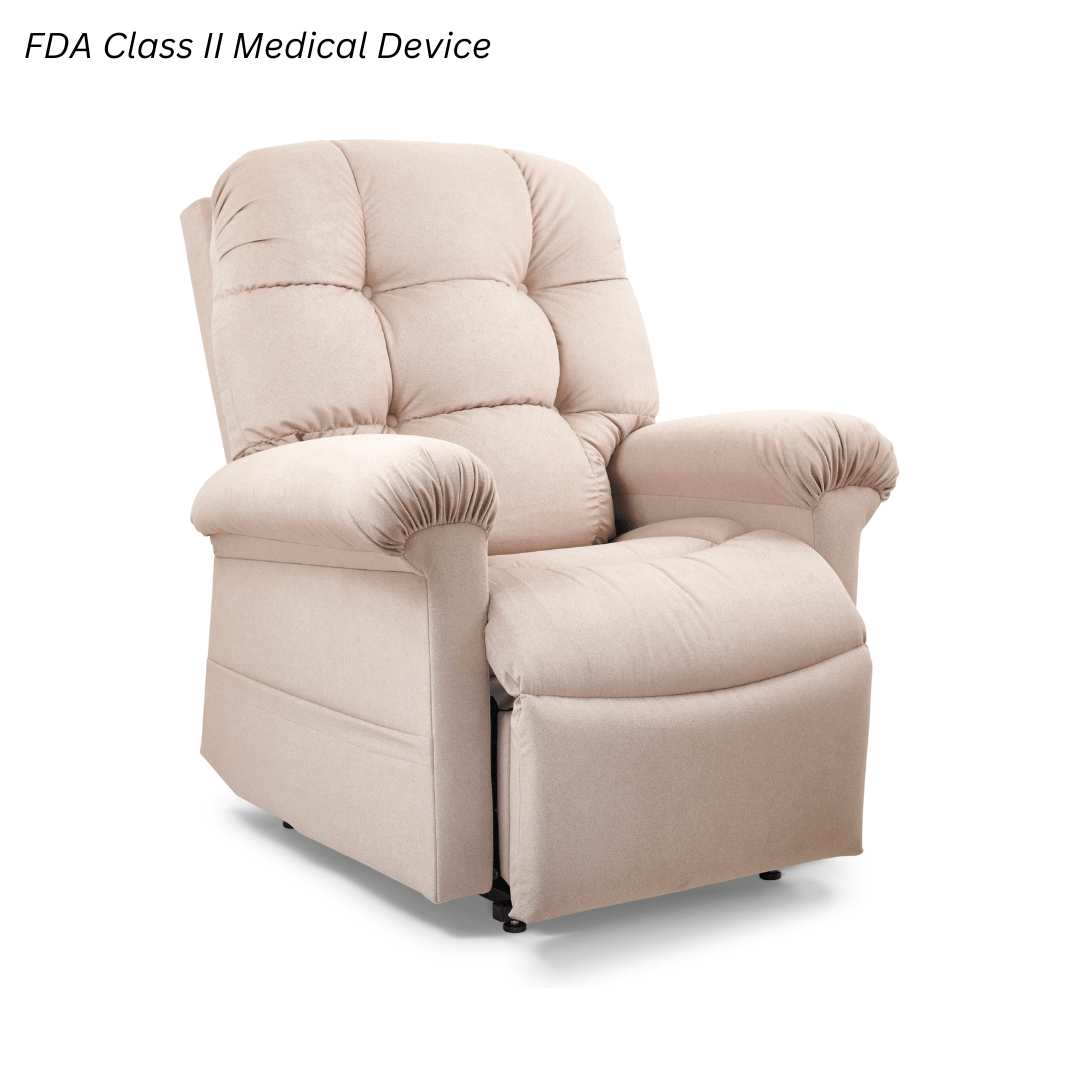 Golden Technologies Cloud with Twilight power lift recliner chair in beige fabric with plush padded backrest, overstuffed seat, cushioned armrests, and supportive high-back design on a white background.