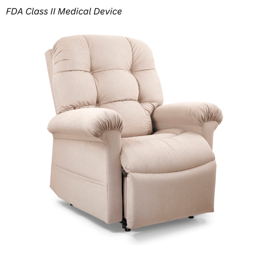 Golden Technologies Cloud with Twilight power lift recliner chair in beige fabric with plush padded backrest, overstuffed seat, cushioned armrests, and supportive high-back design on a white background.