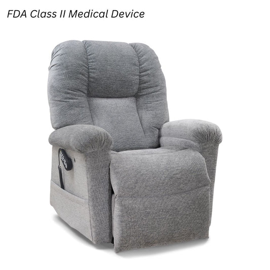Golden Technologies Cloud Elite with Twilight & Nirvana power lift recliner chair in gray fabric with plush overstuffed backrest, cushioned armrests, supportive bucket seat, and high-back design on a white background.