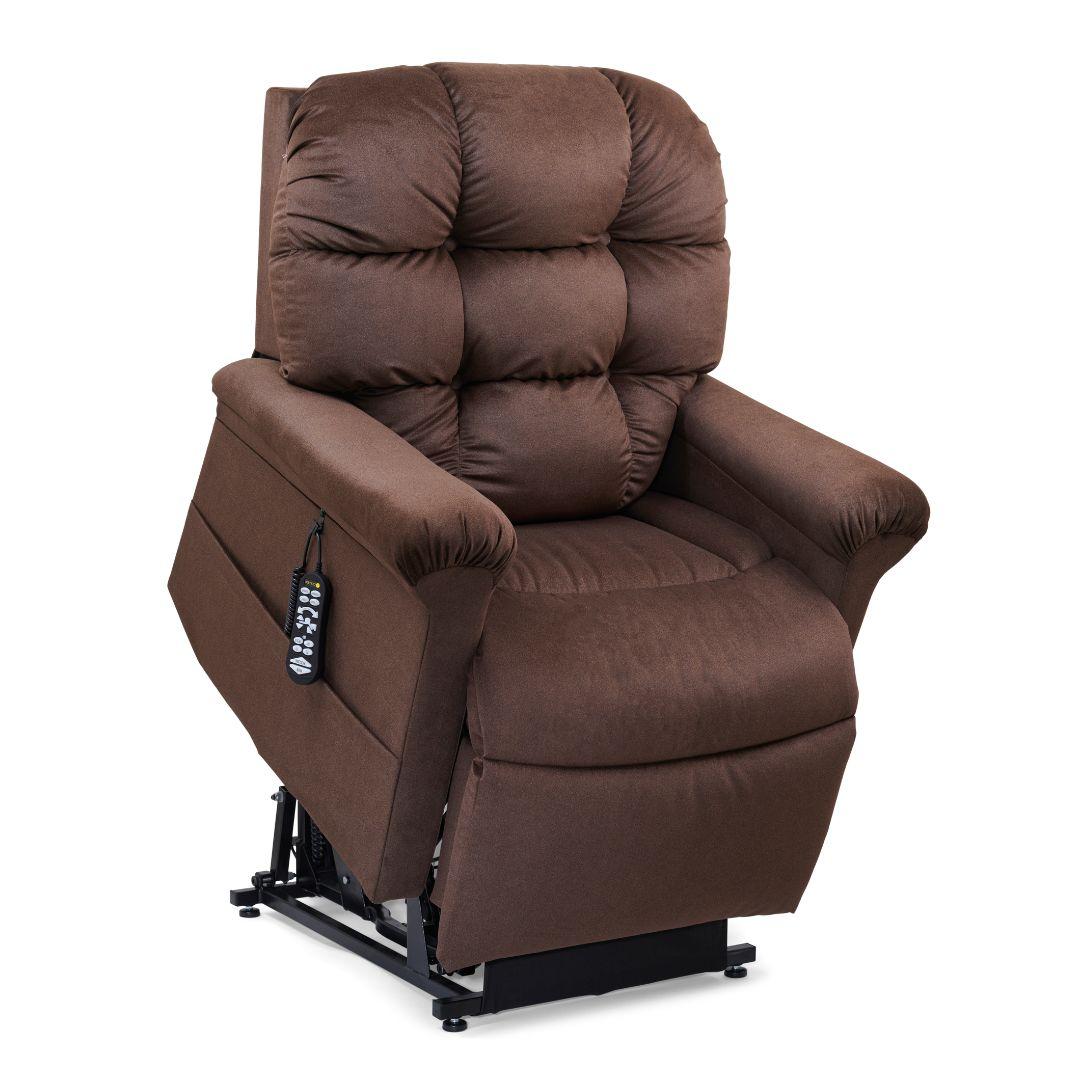 Golden Technologies Cloud with Twilight power lift recliner chair in beige fabric with plush padded backrest, overstuffed seat, cushioned armrests, and ergonomic high-back design on a white background.
