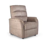 Golden Technologies Elara power lift recliner chair in light brown fabric with plush padded backrest, cushioned armrests, supportive chaise seat, and contemporary design on a white background.