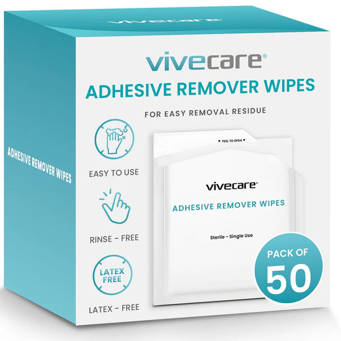 Box of Vivecare adhesive remover wipes with a clear window showing the product inside.