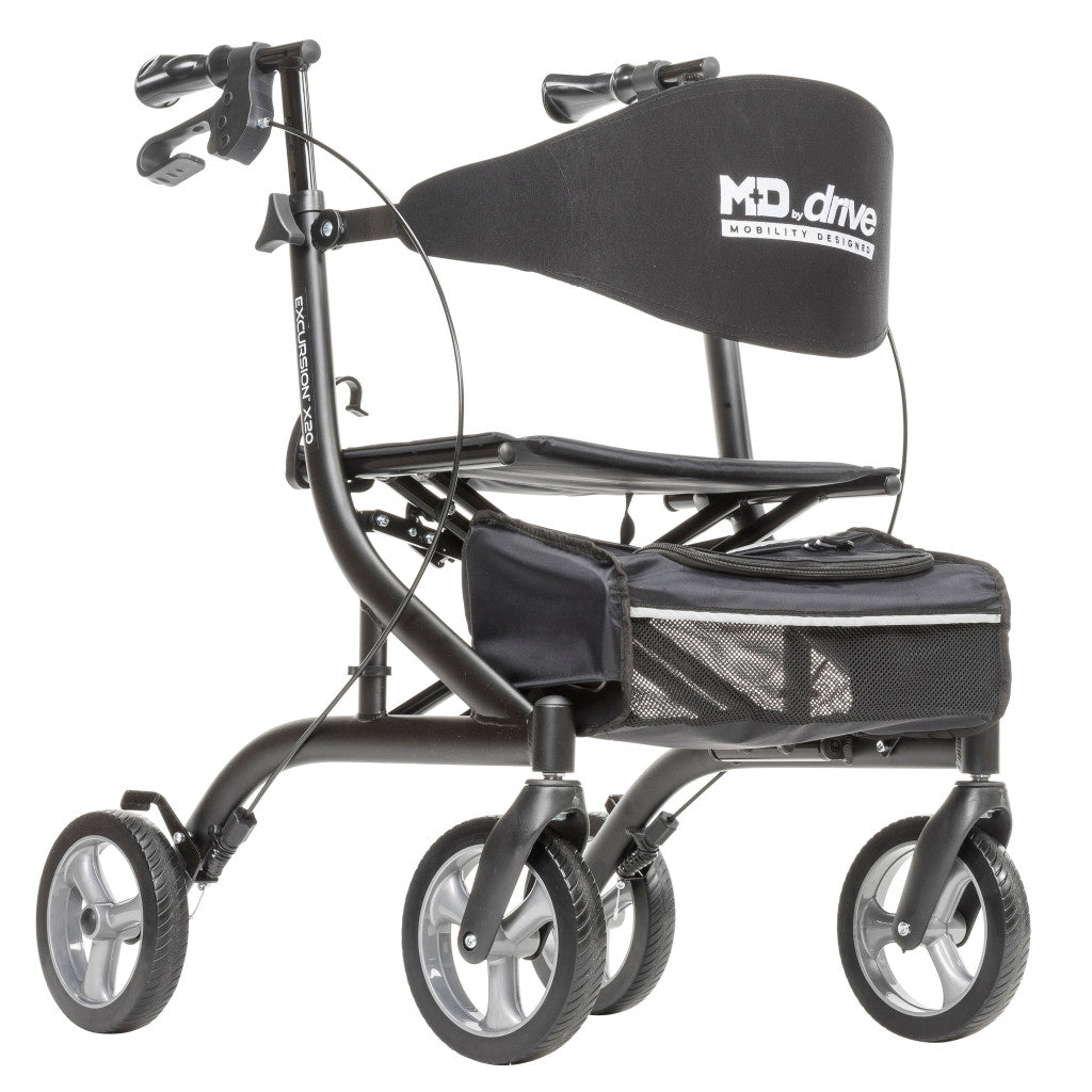 Drive Excursion X20 Rollator, ultra-lightweight, side-folding 4-wheel mobility walker in black.