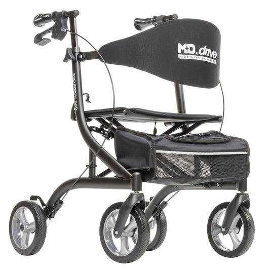 Drive Excursion X20 Rollator, ultra-lightweight, side-folding 4-wheel mobility walker in black.