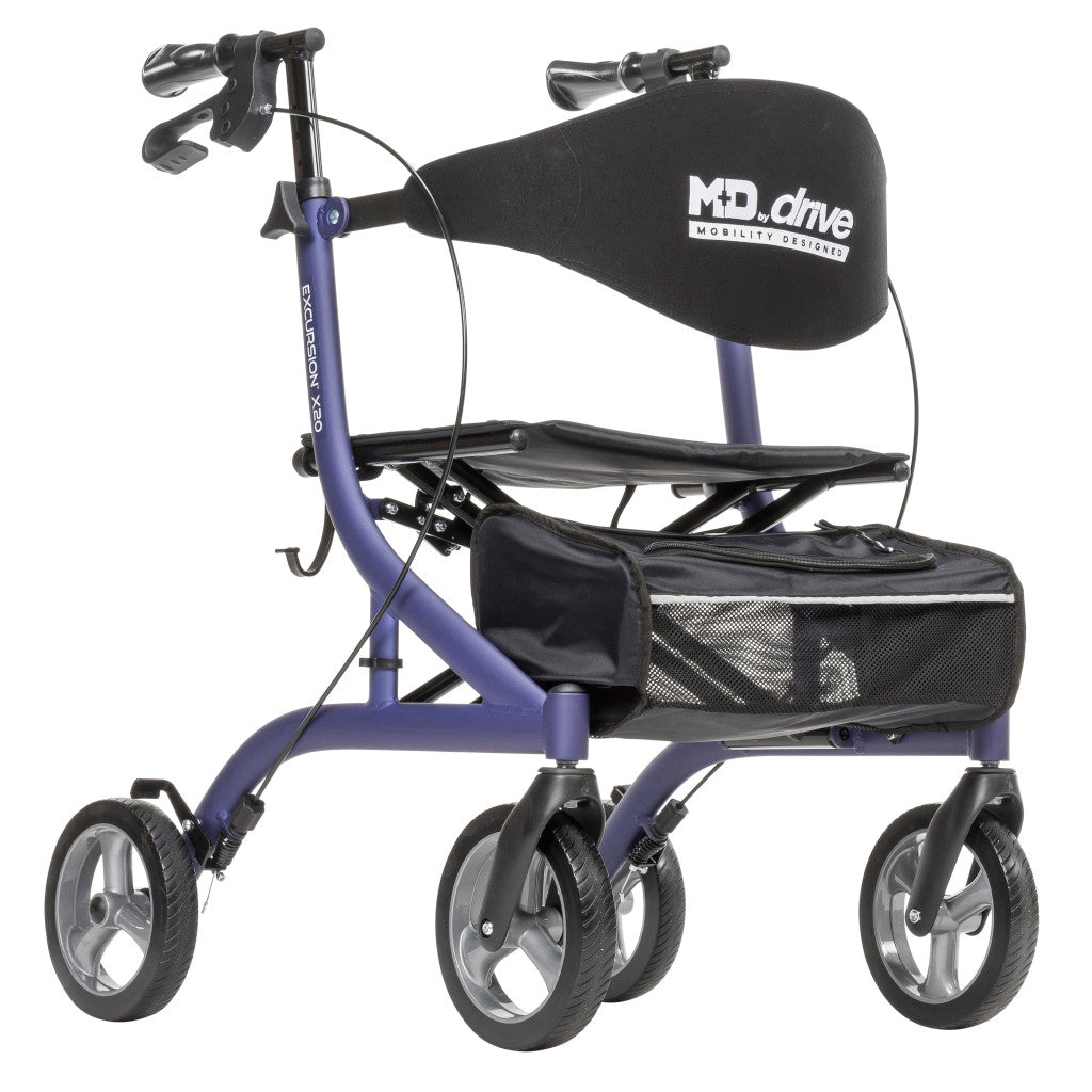 Drive Excursion X20 Rollator, ultra-lightweight, side-folding 4-wheel mobility walker in blue.