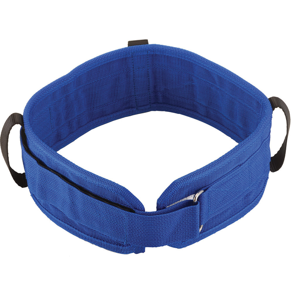 NOVA adjustable gait belt with locking metal buckle in navy blue for safe patient transfers, walking assistance, and caregiver mobility support.