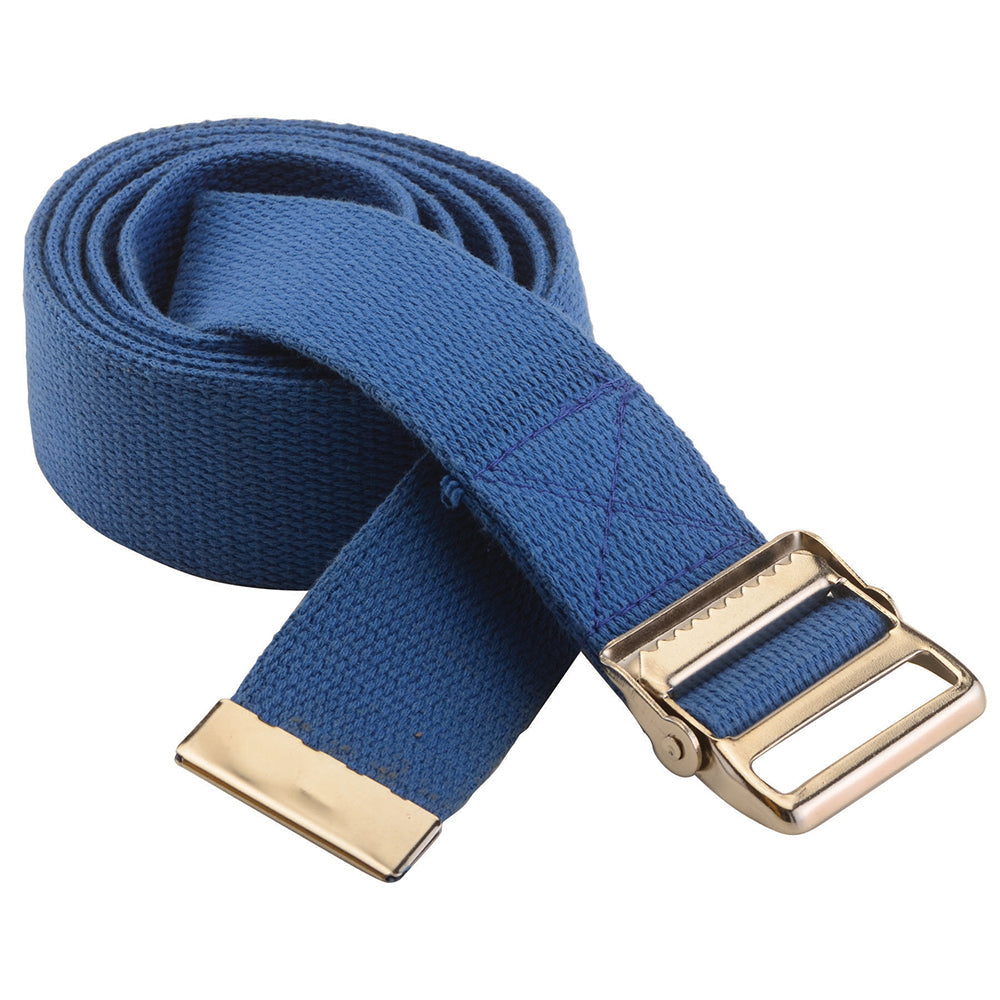 Adjustable gait belt with locking metal buckle in beige with blue and red stripes for safe patient transfers, walking assistance, and caregiver support.