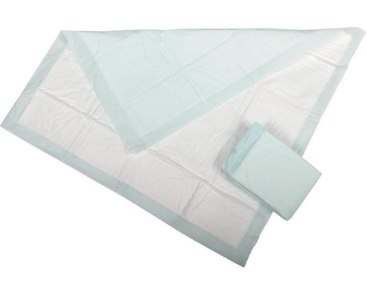 Disposable incontinence underpads with absorbent fluff and polymer core for bed, chair, wheelchair, and exam table protection.