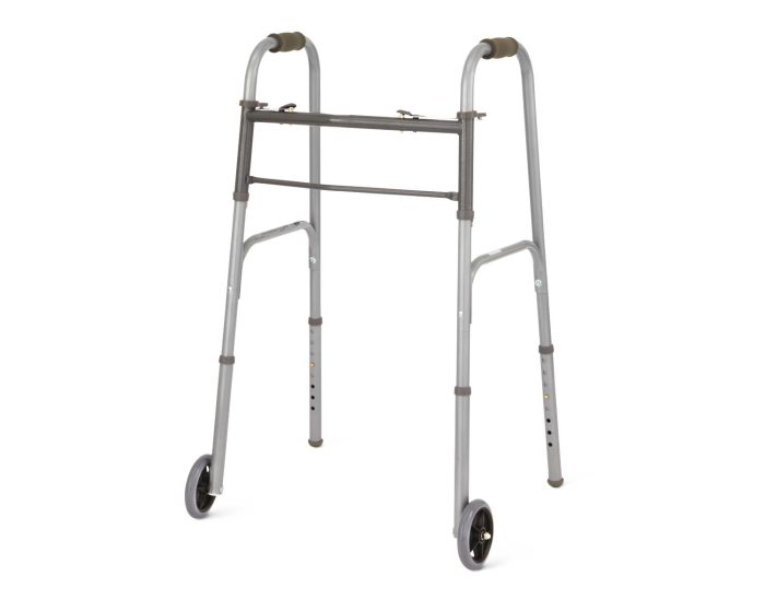 Medline 2-Button Steel Folding Walker with 5" Wheels